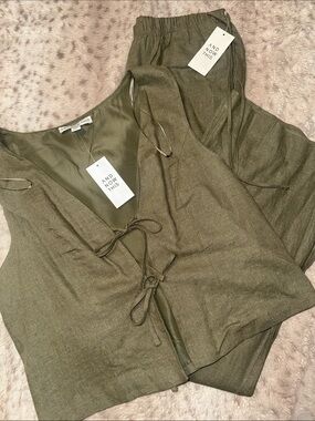 AND NOW THIS Olive Green Linen-Blend Camisole Top and Pants Co-ord set